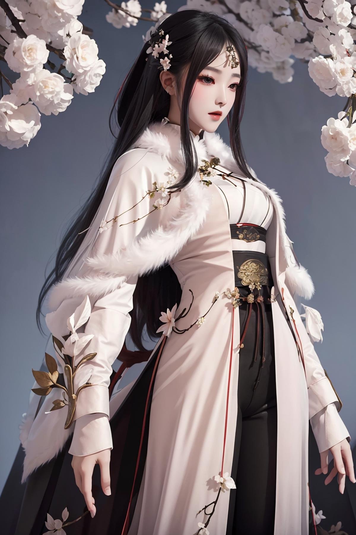 masterpiece,best quality,1girl,women,solo,hips up,upper body,closed mouth,kungfu outfit,fur cape shawl,black pants,flower,peach branches,long hair,white hair,accessories,<lora:narakungfu_outfit:0.6>,<lora:narakazaiji1:0.6>,