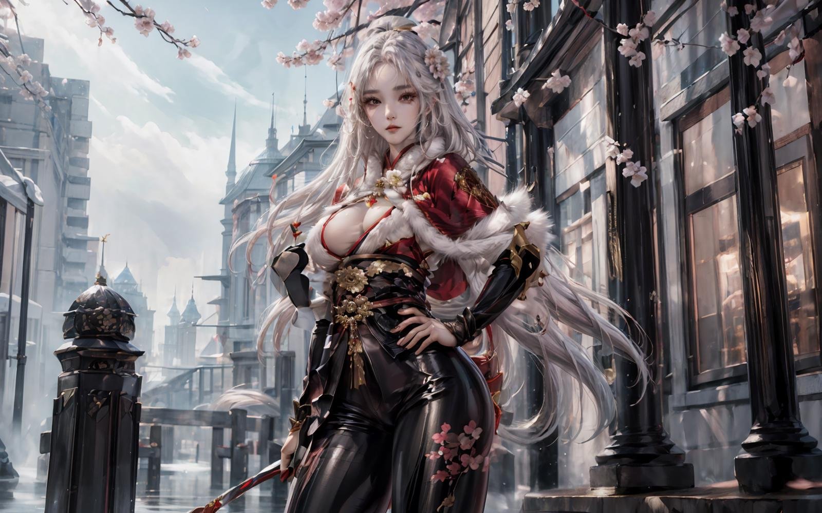 (masterpiece),(best quality),(ultra detailed),1girl,solo,hips up,upper body,detailed face,standing,closed mouth,naraka kungfu outfit,fur capelet,peach flower,cherry blossoms,black pants,black pants,accessories,sky,long hair,<lora:nt4:0.6>,<lora:naraka_kungfu_outfit:0.7>,