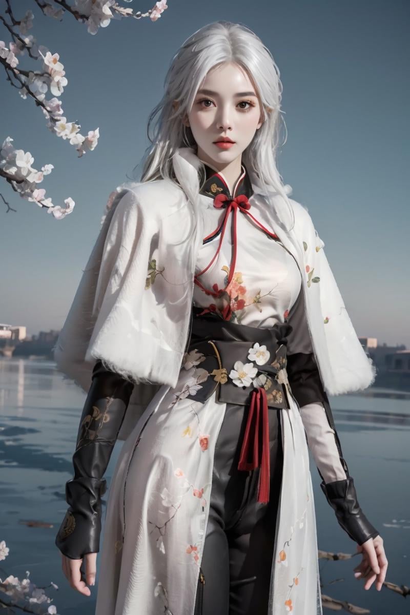 masterpiece,(bestquality),ultra-detailed,(1girl),(solo),hip up,chinese wear,kungfu outfit,fur cape shawl,flower,peach branches,pants,accessories,gloves,night river,sky,<lora:ntmix1:0.7>,<lora:naraka_kungfuoutfit:0.6>,(white hair color:1.05),