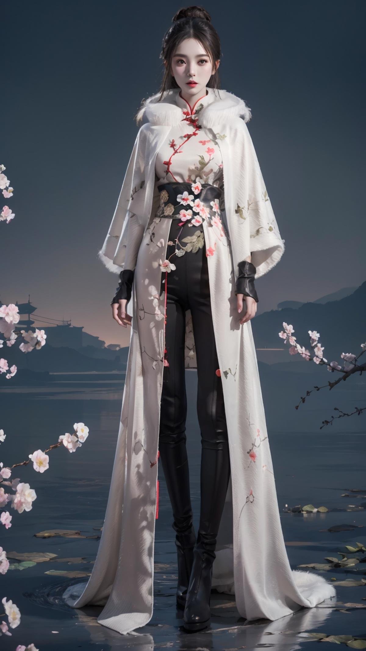 masterpiece,(bestquality),ultra-detailed,(1girl),(solo),full body,chinese wear,kungfu outfit,fur cape shawl,flower,peach branches,pants,accessories,gloves,night river,sky,<lora:ntmix1:0.7>,<lora:naraka_kungfuoutfit:0.6>,