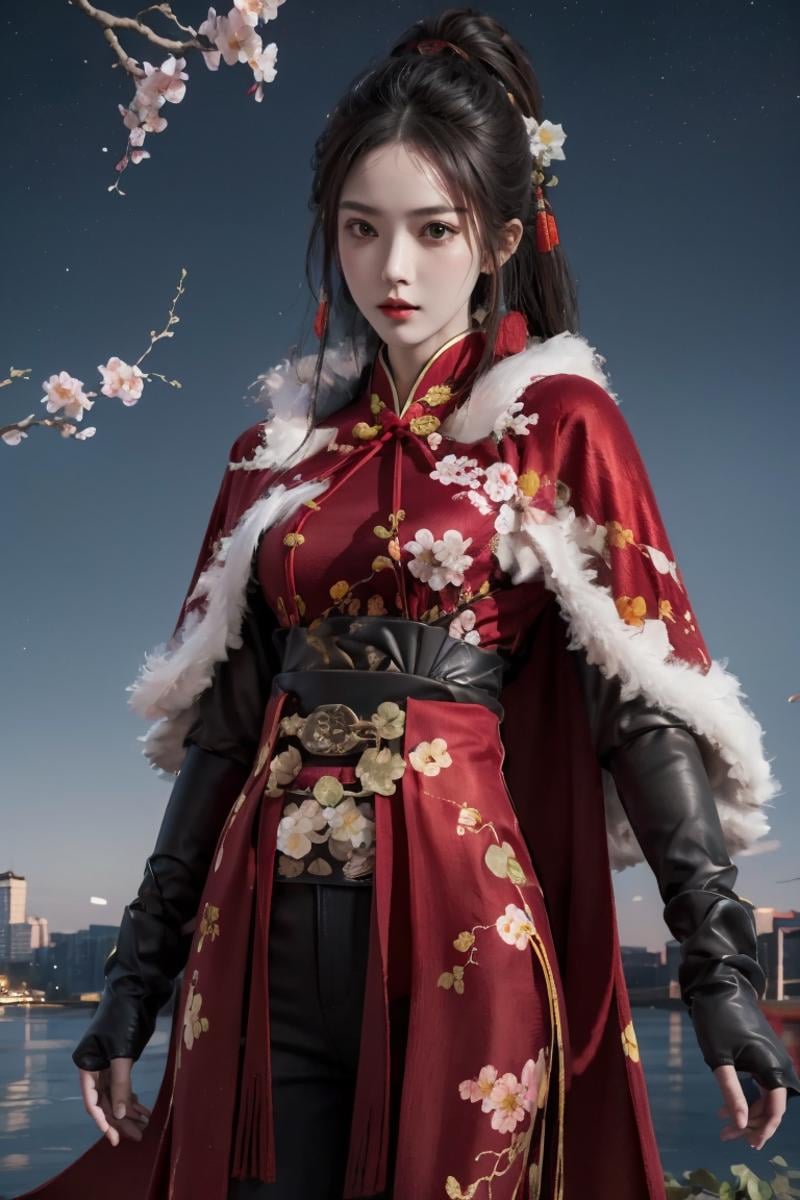 masterpiece,(bestquality),ultra-detailed,(1girl),(solo),hip up,chinese wear,kungfu red outfit,fur cape shawl,flower,peach branches,pants,accessories,gloves,night river,sky,<lora:ntmix1:0.7>,<lora:naraka_kungfuoutfit:0.6>,