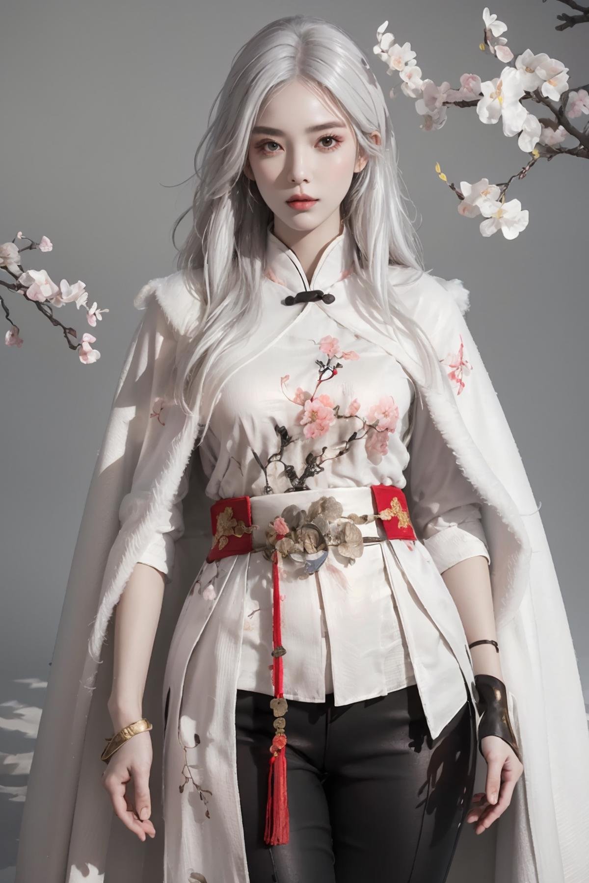 masterpiece,(bestquality),ultra-detailed,(1girl),(solo),hip up,chinese wear,kungfu outfit,fur cape shawl,flower,peach branches,pants,accessories,<lora:ntmix1:0.7>,<lora:naraka_kungfuoutfit:0.6>,(white hair color:1.05),