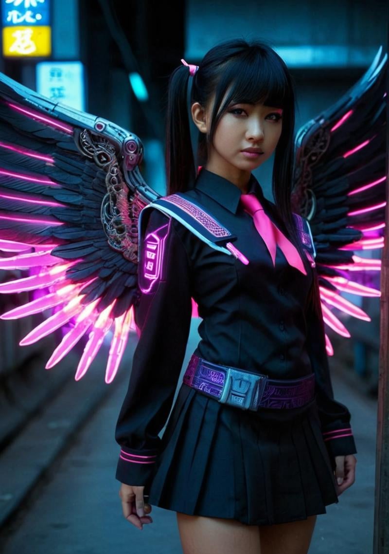 <lora:Stairway_to_liberation:0.8>,cyberpunk, dark angle, neon wing, realistic, thai dress, thai school uniform