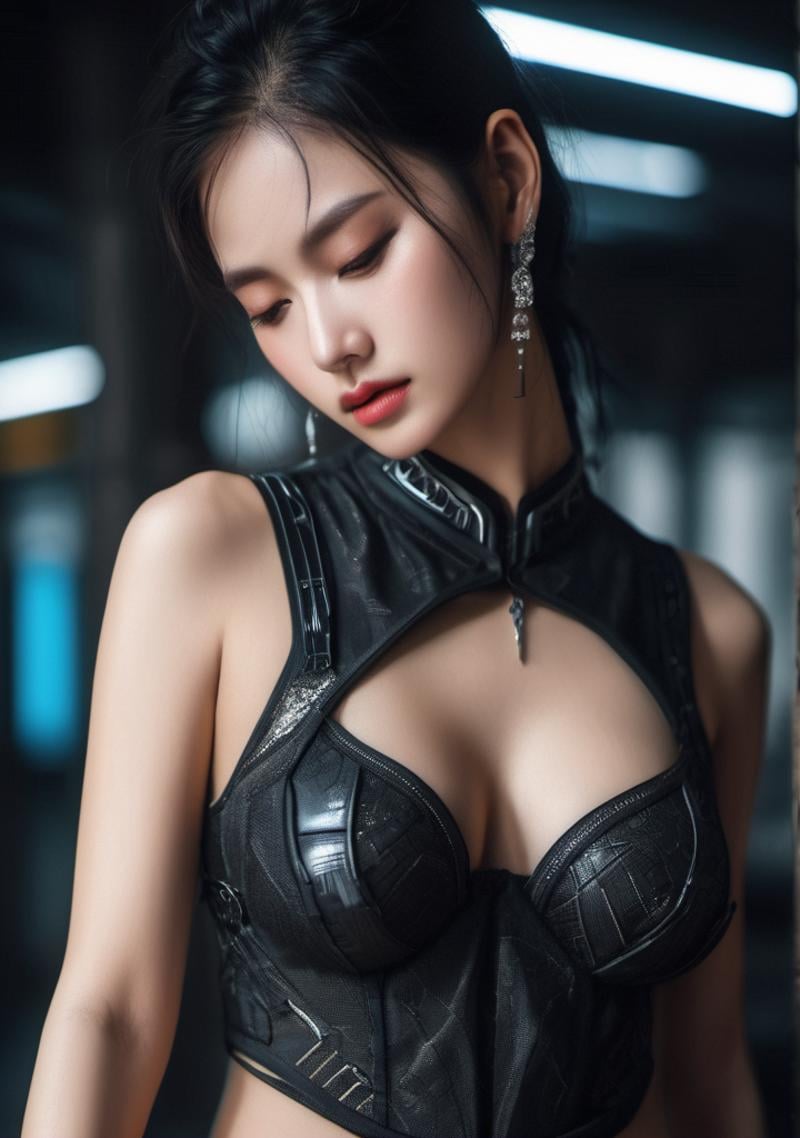 <lora:Stairway_to_liberation:0.8>,cyberpunk, dark angle, realistic, thai dress, beautiful movement, highly detailed skin, skin pores,big breasts Oily skin, sweat, thin underwear