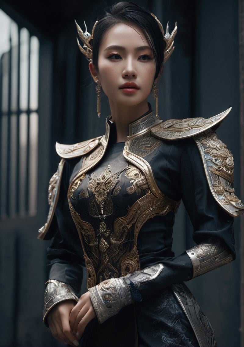 <lora:Stairway_to_liberation:0.8>,cyberpunk, dark angle, realistic, thai dress, thai stlye,beautiful movement, highly detailed skin, skin pores,