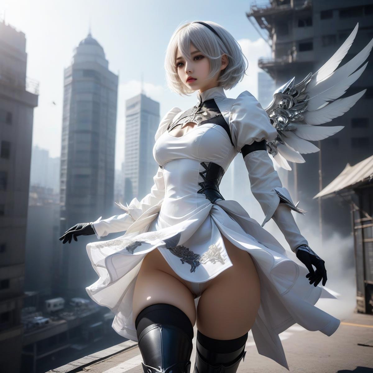 abadon city,white angle, dramatic,gundam mobil suit skirt ,cybrog wing, realistic,2b,nier automata, silver hair,pantie,white angle,fly,,<lora:Stairway_to_liberation_ver1.1:0.8>, <lora:2b_nier_automata:0.8> ,