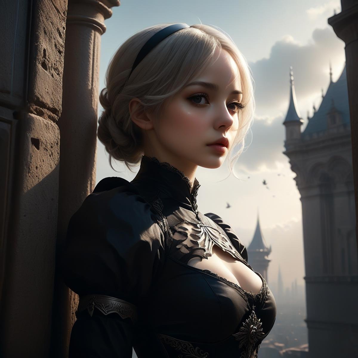 photorealistic, detailed face, detailed eyes, detailed lips, beautiful woman, hourglass figure, natural lighting, high quality, hyperrealistic, 8k, cinematic, dramatic lighting, chiaroscuro, neoclassical, oil painting,<lora:2b_nier_automata:0.8>,2b,nier automata,cybrog wing,abadon city, dark angle, dramatic, jump out of tower, <lora:Stairway_to_liberation-000003 (1):0.8>