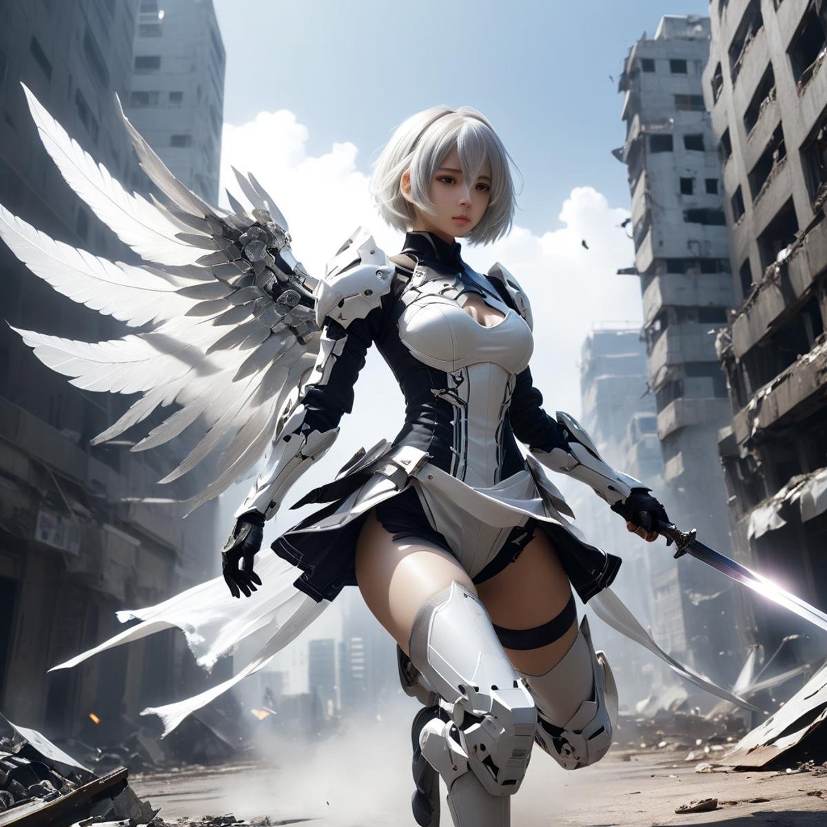 abadon city,white angle, dramatic,gundam mobil suit armor ,cybrog wing, realistic,2b,nier automata, silver hair,pantie,white angle,jump out,torn cloth,light sword,<lora:Stairway_to_liberation_ver1.1:0.8>, <lora:2b_nier_automata:0.5> ,