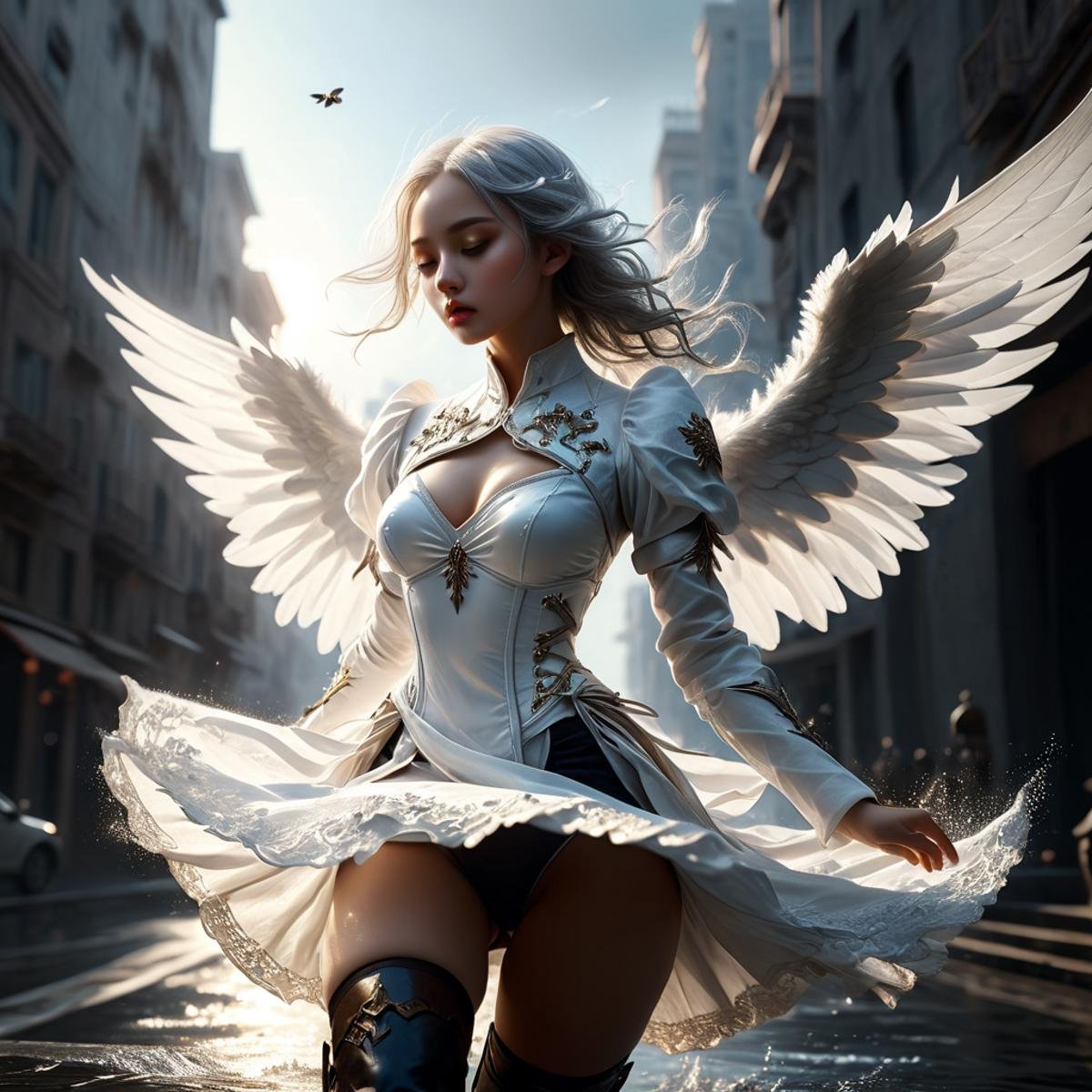 photorealistic, detailed face, detailed eyes, detailed lips, beautiful woman, hourglass figure, natural lighting, high quality, hyperrealistic, 8k, cinematic, dramatic lighting, chiaroscuro, neoclassical, oil painting,abadon city, dramatic,gundam armor skirt, realistic, thai style,2b,nier automata, silver hair,pantie,white angle,fly,perfect composition, moist skin, intricate details, (dynamic pose, dynamic angle:1.2), (realistic, photorealistic:1.2),<lora:Stairway_to_liberation_ver1.1:1>, <lora:2b_nier_automata:0.5> ,