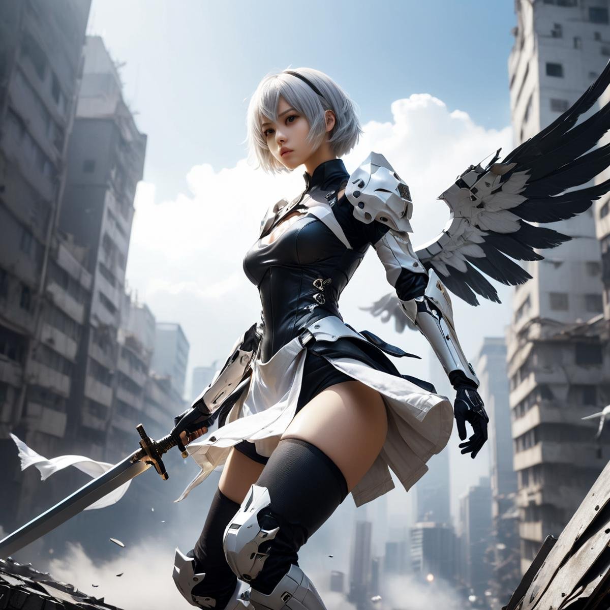 abadon city,white angle, dramatic,gundam mobil suit armor ,cybrog wing, realistic,2b,nier automata, silver hair,pantie,white angle,jump out,torn cloth,light sword,<lora:Stairway_to_liberation_ver1.1:0.8>, <lora:2b_nier_automata:0.5> ,