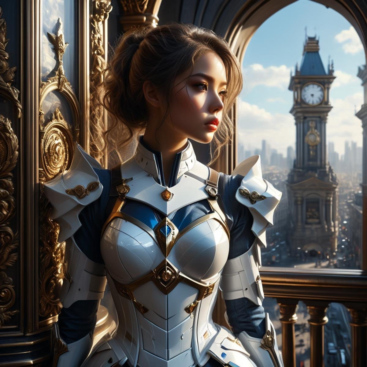 photorealistic, detailed face, detailed eyes, detailed lips, beautiful woman, hourglass figure, natural lighting, high quality, hyperrealistic, 8k, cinematic, dramatic lighting, chiaroscuro, neoclassical, oil painting,abadon city, battle,gundam mobil suit skirt, cybrog,jump out of tower, <lora:Stairway_to_liberation_ver1.1:1>