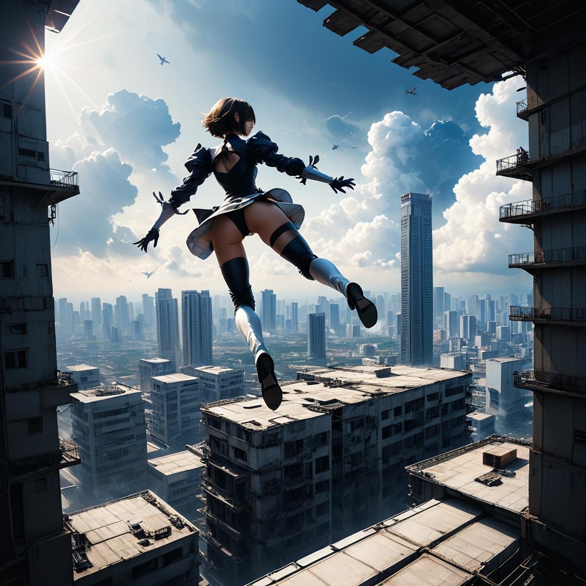 <lora:2b_nier_automata:0.8>,2b,nierautomata,gundam wing, <lora:Stairway_to_liberation_ver1.1:1>,abadon city, dark angle, dramatic, jump out of aircraft, realistic, thai style, top of building