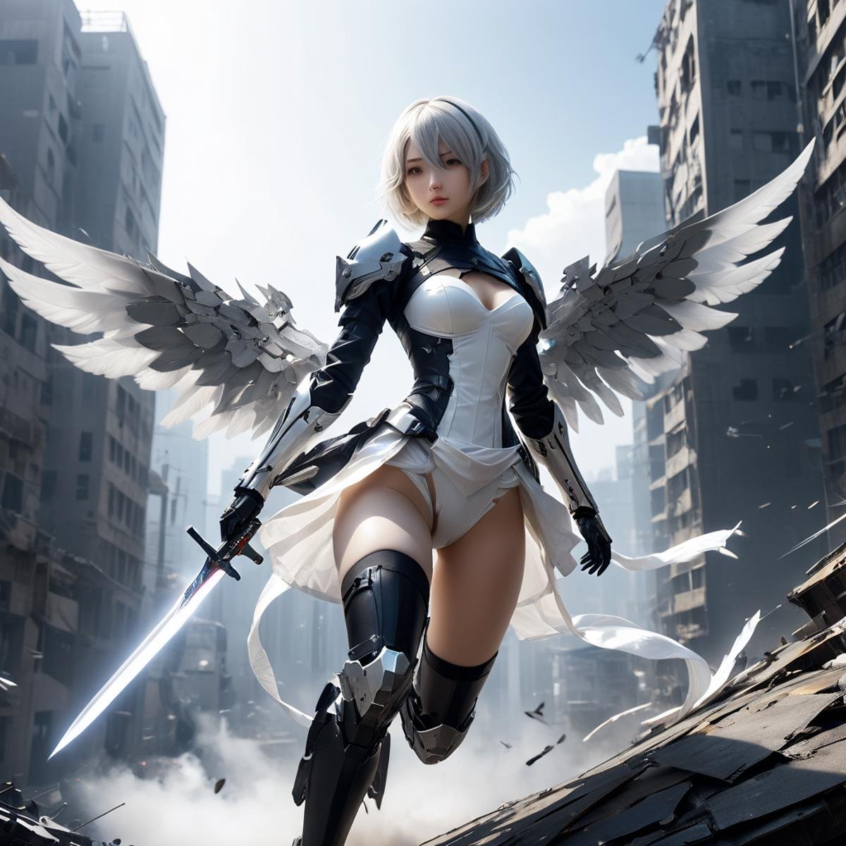 abadon city,white angle, dramatic,gundam mobil suit armor ,cybrog wing, realistic,2b,nier automata, silver hair,pantie,white angle,jump out,torn cloth,light sword,<lora:Stairway_to_liberation_ver1.1:0.8>, <lora:2b_nier_automata:0.5> ,