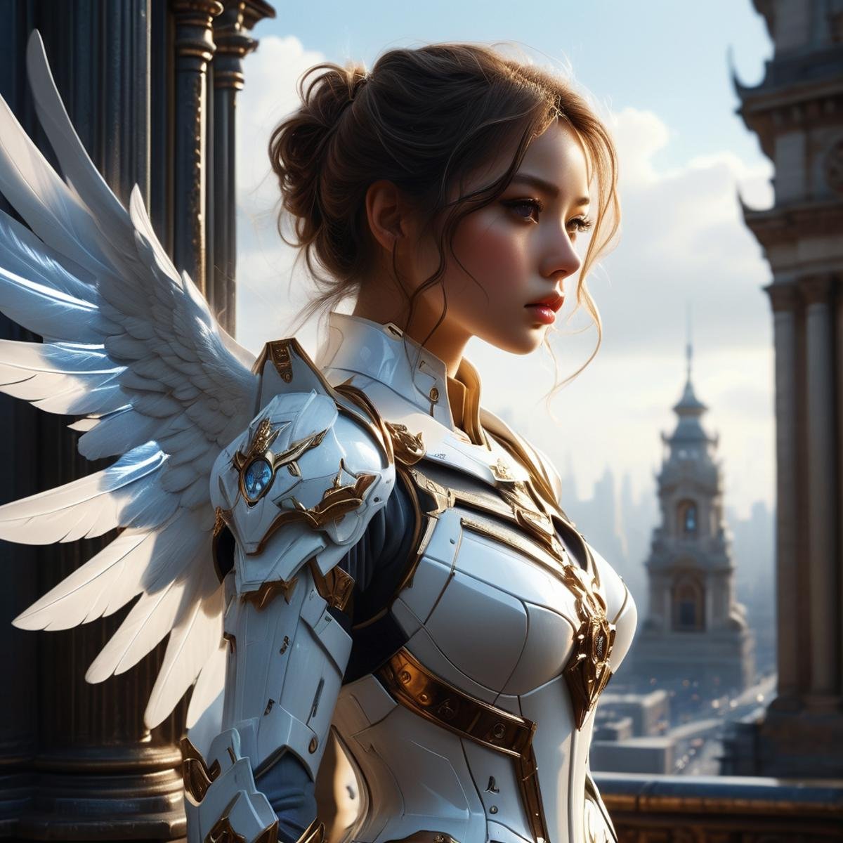 photorealistic, detailed face, detailed eyes, detailed lips, beautiful woman, hourglass figure, natural lighting, high quality, hyperrealistic, 8k, cinematic, dramatic lighting, chiaroscuro, neoclassical, oil painting,abadon city, battle,gundam mobil suit skirt, white angle, cybrog wing,jump out of tower, <lora:Stairway_to_liberation_ver1.1-000007:1>