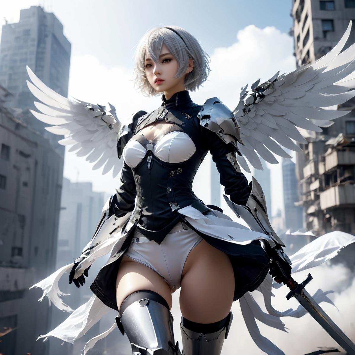 abadon city,white angle, dramatic,gundam mobil suit armor ,cybrog wing, realistic,2b,nier automata, silver hair,pantie,white angle,jump out,torn cloth,growing sword,<lora:Stairway_to_liberation_ver1.1:0.8>, <lora:2b_nier_automata:0.5> ,