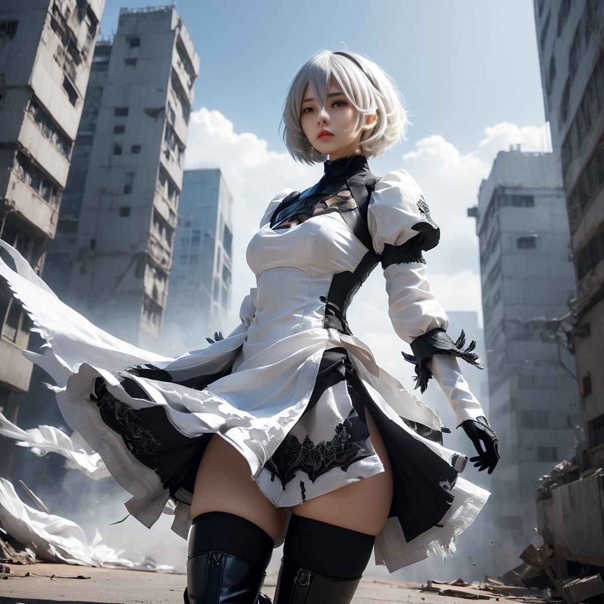 abadon city,white angle, dramatic,gundam mobil suit skirt ,cybrog wing, realistic,2b,nier automata, silver hair,pantie,white angle,jump out,torn cloth,<lora:Stairway_to_liberation_ver1.1:0.8>, <lora:2b_nier_automata:0.8> ,