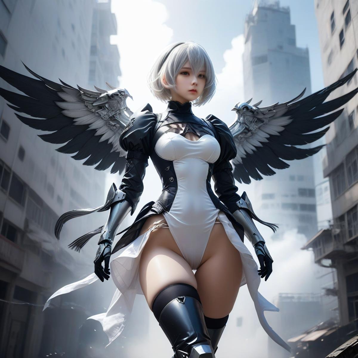 abadon city, dramatic,gundam mobil suit armor ,cybrog wing, realistic,2b,nier automata, silver hair,pantie,white angle,fly,,<lora:Stairway_to_liberation_ver1.1:0.8>, <lora:2b_nier_automata:0.8> ,