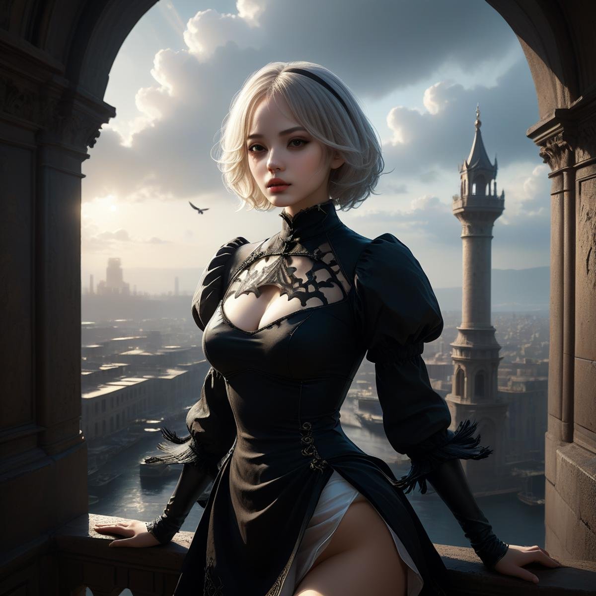 photorealistic, detailed face, detailed eyes, detailed lips, beautiful woman, hourglass figure, natural lighting, high quality, hyperrealistic, 8k, cinematic, dramatic lighting, chiaroscuro, neoclassical, oil painting,<lora:2b_nier_automata:0.8>,2b,nier automata,cybrog wing, <lora:Stairway_to_liberation_ver1.1:0.8>,abadon city, dark angle, dramatic, jump out tower, realistic, 