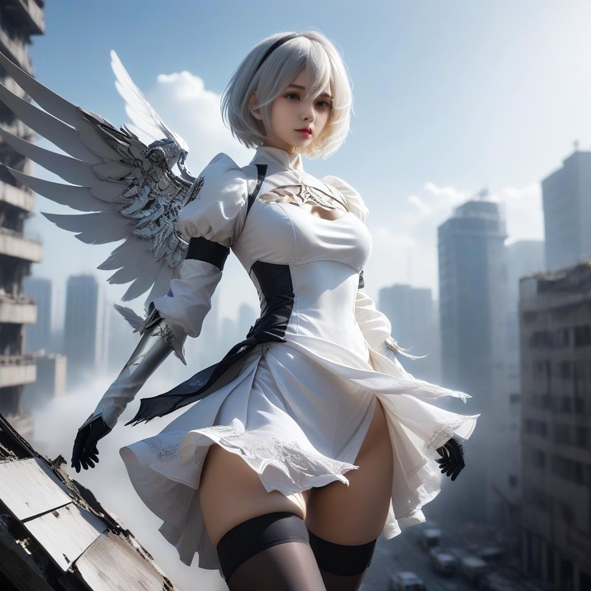 abadon city,white angle, dramatic,gundam mobil suit skirt ,cybrog wing, realistic,2b,nier automata, silver hair,pantie,white angle,fly,torn cloth,<lora:Stairway_to_liberation_ver1.1:0.8>, <lora:2b_nier_automata:0.8> ,