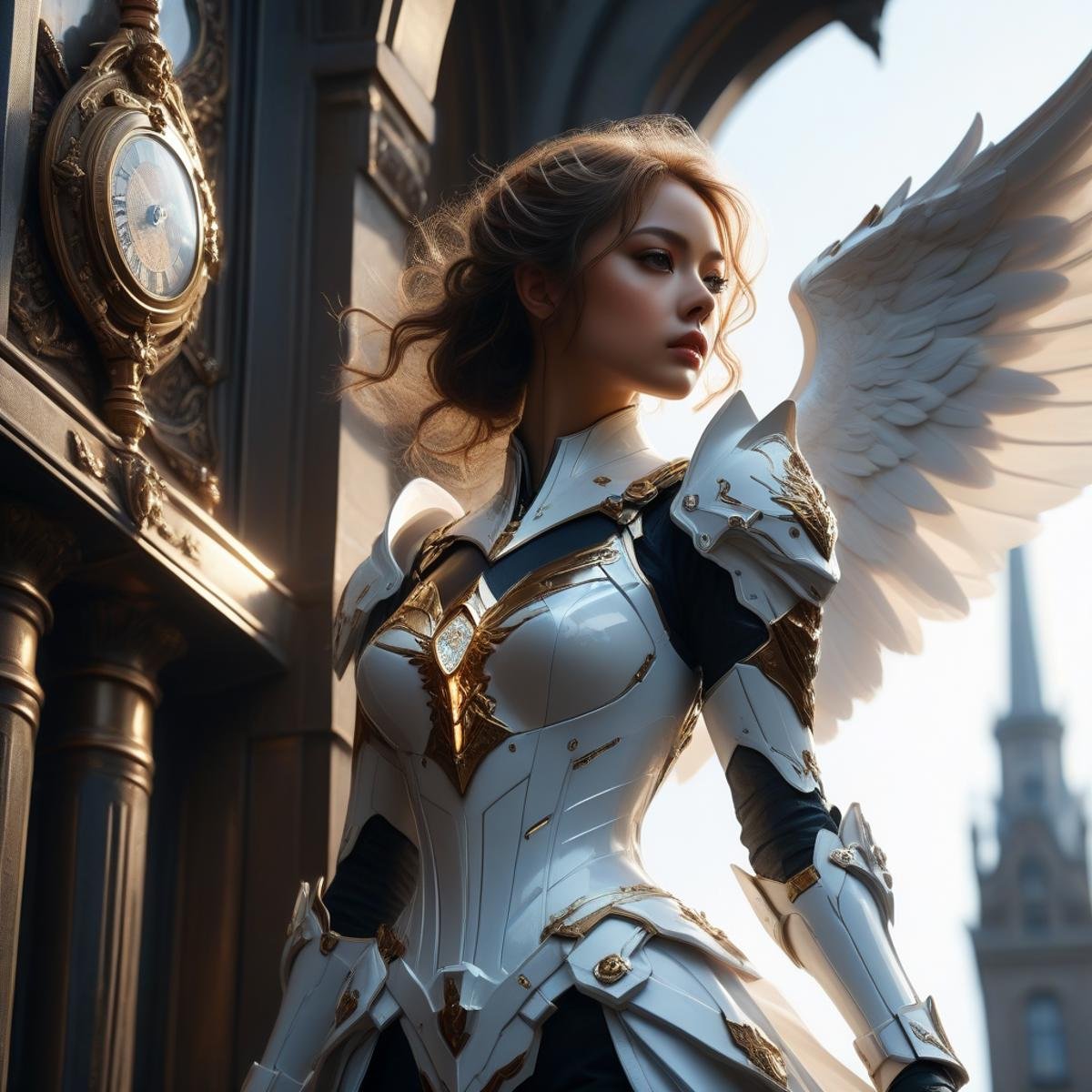 photorealistic, detailed face, detailed eyes, detailed lips, beautiful woman, hourglass figure, natural lighting, high quality, hyperrealistic, 8k, cinematic, dramatic lighting, chiaroscuro, neoclassical, oil painting,abadon city, battle,gundam mobil suit skirt, white angle, cybrog wing,jump out of tower, <lora:Stairway_to_liberation_ver1.1-000007:1>