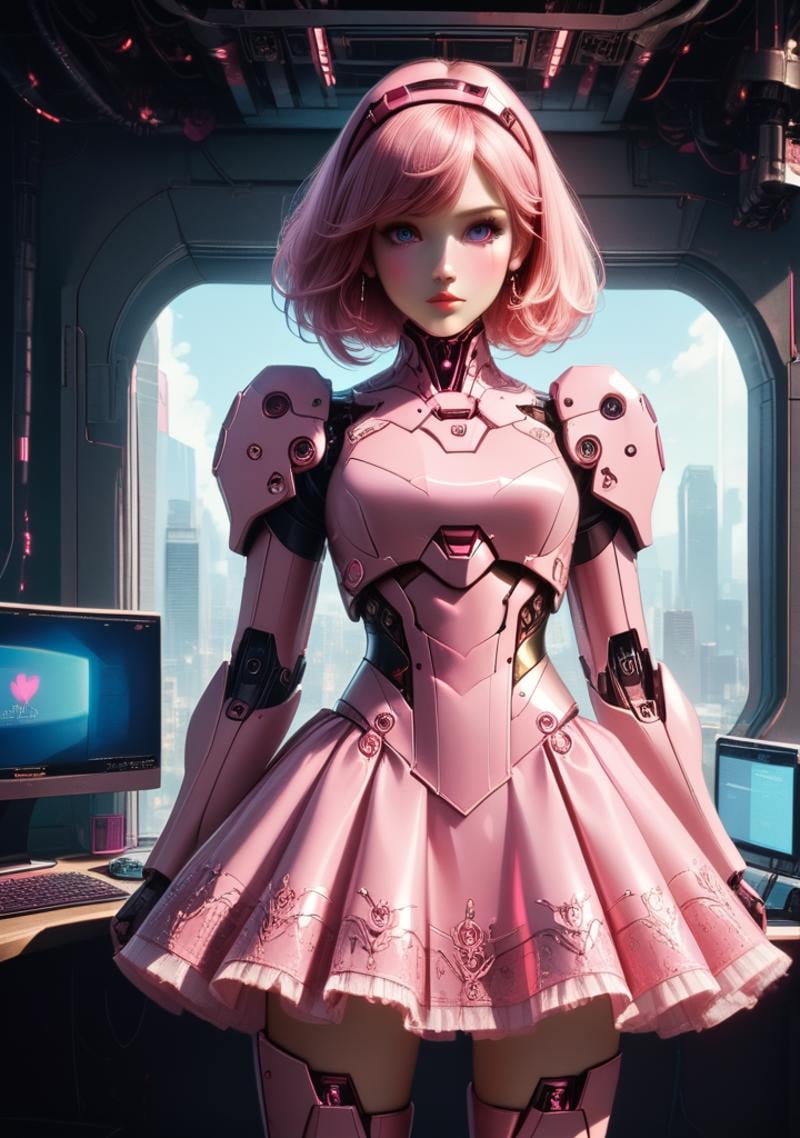 <lora:Stairway_to_liberation_ver1.3:0.8>,abadon city,mecha skirt,neon skirt,mecha armor,pink suit,pink detailed skirt,computer room, realistic,Exquisite Face, (Highly detailed face 1.2), highly detailed skin, skin pores,pantie