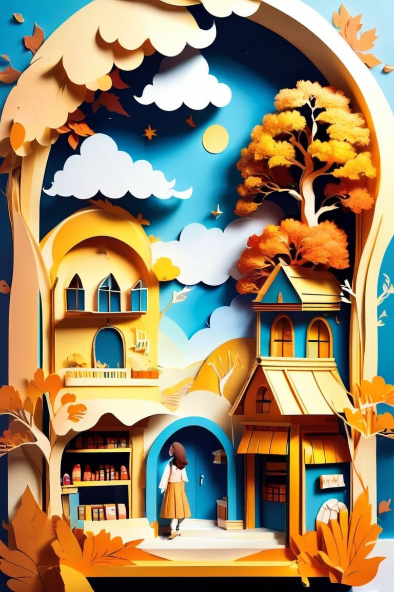 paper strip diorama, fantasy, golden hour, blue sky, clouds, scenery, autumn Christian Girl Autumn magic toy shop by a dimensional portal,papercut