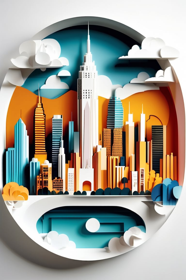 In the center of a plain, white background, a vibrant wallpaper art masterpiece showcases the stunning scene of The City of Awe. Dense, with its iconic skyline, is depicted in the style of this unique and captivating composition,
papercut