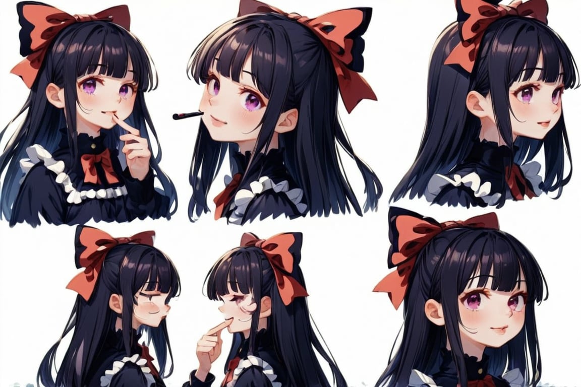 masterpiece, highly detailed, centered, Reference Material, conceptart,multiple views,white background,simple background, multiple views of the same character, (full body:1.5), BREAK PIXIV, 1girl, solo, long hair, smile, bangs, black hair, red eyes, bow, ribbon, purple eyes, hair ribbon, hair bow, blunt bangs, finger to mouth, fashion, hime cut, gothic girl, absurdres, Expressiveh, Ultra HD, 4k image, (from side, front),charactersheet,kidz,pastelmix