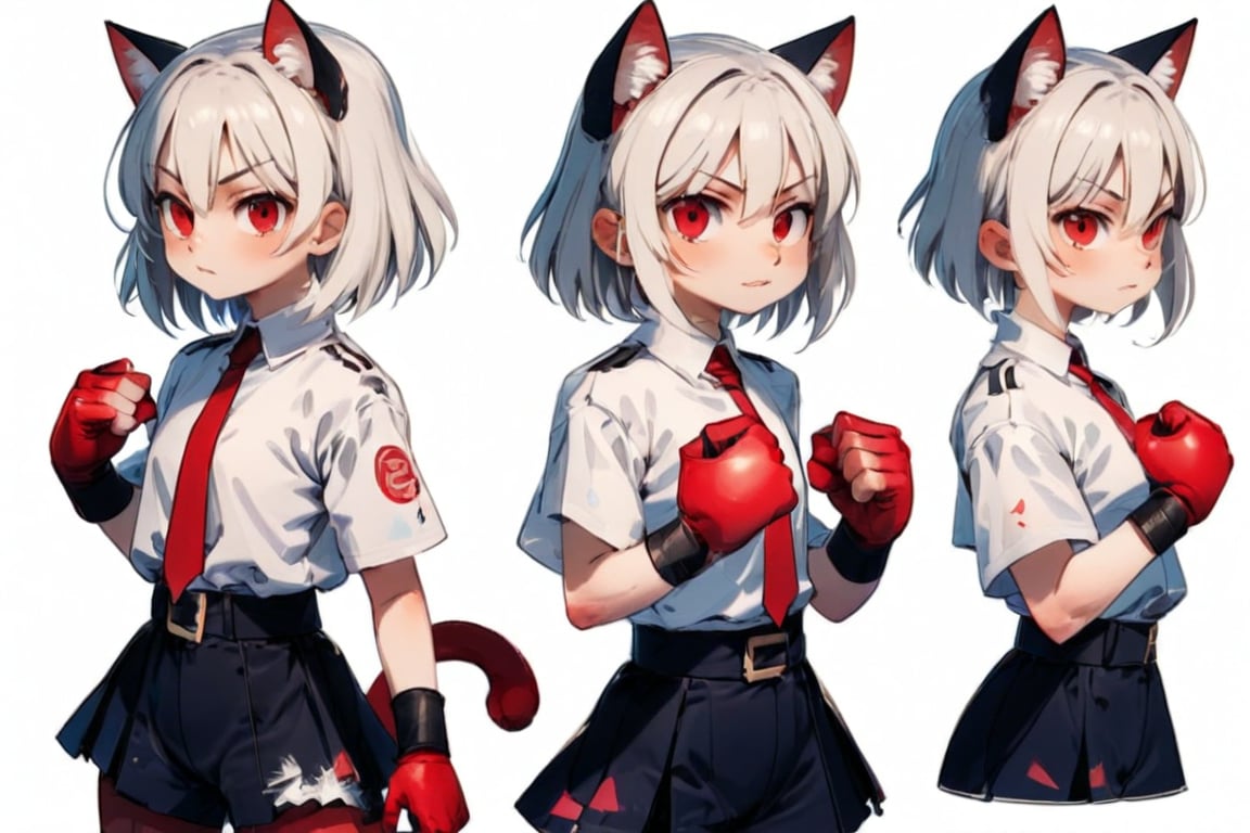 masterpiece, highly detailed, centered, Reference Material, conceptart,multiple views,white background,simple background, multiple views of the same character, (full body:1.5), BREAK PIXIV,  1girl, stands in a fighting position, boxing, (young:1.2) girl (white hair, bangs, black cat ears, red eyes, black gloves), (dressed in a white shirt, red tie, white skirt with a black belt, black choker, black tights), neon, absurdres, Expressiveh, Ultra HD, 4k image, (from side, front), charactersheet,kidz,pastelmix