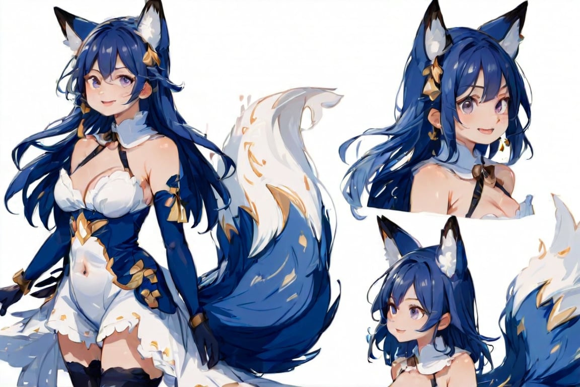 masterpiece, highly detailed, centered, Reference Material, conceptart,multiple views,white background,simple background, multiple views of the same character, (full body:1.5), BREAK PIXIV, blue fire, solo, 1girl, long blue hair, fox ears, erune, fox tail, nine tailed fox tail, big fluffy fox tail, fang, hair ribbon, purple ribbon, hair bell, golden jingle bell, white dress, short dress, backless outfit, elbow gloves, black gloves, thigh ribbon, blush, smile, open mouth, head tilt, granblue fantasy inspired, absurdres, Expressiveh, Ultra HD, 4k image, (from side, front), charactersheet,kidz,pastelmix