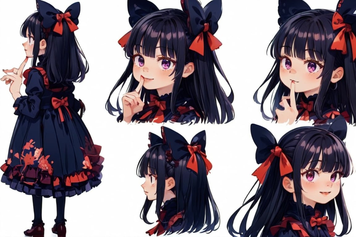 masterpiece, highly detailed, centered, Reference Material, conceptart,multiple views,white background,simple background, multiple views of the same character, (full body:1.5), BREAK PIXIV, 1girl, solo, long hair, smile, bangs, black hair, red eyes, bow, ribbon, purple eyes, hair ribbon, hair bow, blunt bangs, finger to mouth, fashion, hime cut, gothic girl, absurdres, Expressiveh, Ultra HD, 4k image, (from side, front),charactersheet,kidz,pastelmix