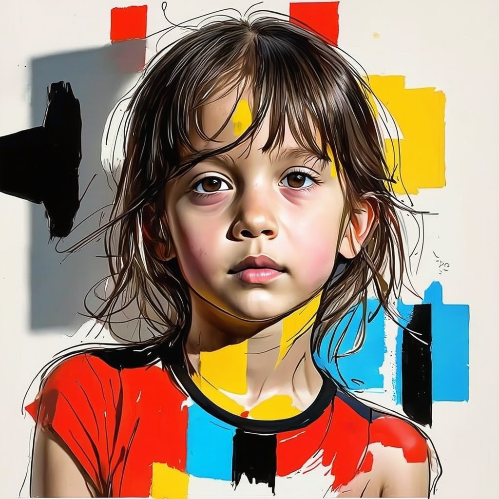 A dynamic modern art drawing of a young girl, rendered in bold, abstract lines and vibrant colors. The composition captures her in a playful pose, with exaggerated features and a whimsical expression. The drawing utilizes a mix of geometric shapes and fluid strokes, creating a sense of movement and energy. The lighting is dramatic, with contrasting shadows and highlights, enhancing the artistic and contemporary feel of the piece.