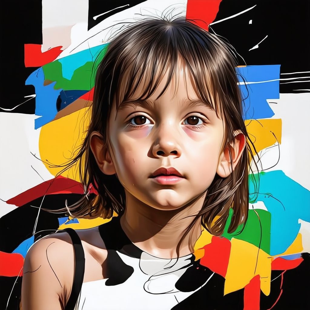 A dynamic modern art drawing of a young girl, rendered in bold, abstract lines and vibrant colors. The composition captures her in a playful pose, with exaggerated features and a whimsical expression. The drawing utilizes a mix of geometric shapes and fluid strokes, creating a sense of movement and energy. The lighting is dramatic, with contrasting shadows and highlights, enhancing the artistic and contemporary feel of the piece.