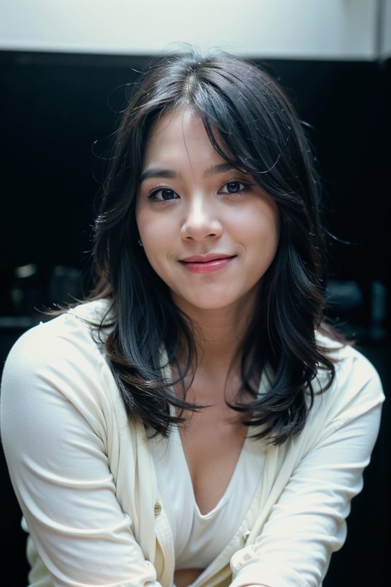 portrait of woman ,(25 years old),smile, happy, long hair,(eye contact:1.3),(intense stare:1.3),on a (plain black background:1.2),(headshot:1.2),(face focus:1.1),(facing the camera:1.2),head in the centre,smile,(facing straightforward:1.2),(forward facing:1.1),face focus,f1.4,40mm,photorealistic,raw,8k, pale_skin , intricate details,dramatic light,award winning,Strong emotional expression,depth of field,blurry,Bokeh,by Nori Inoguchi