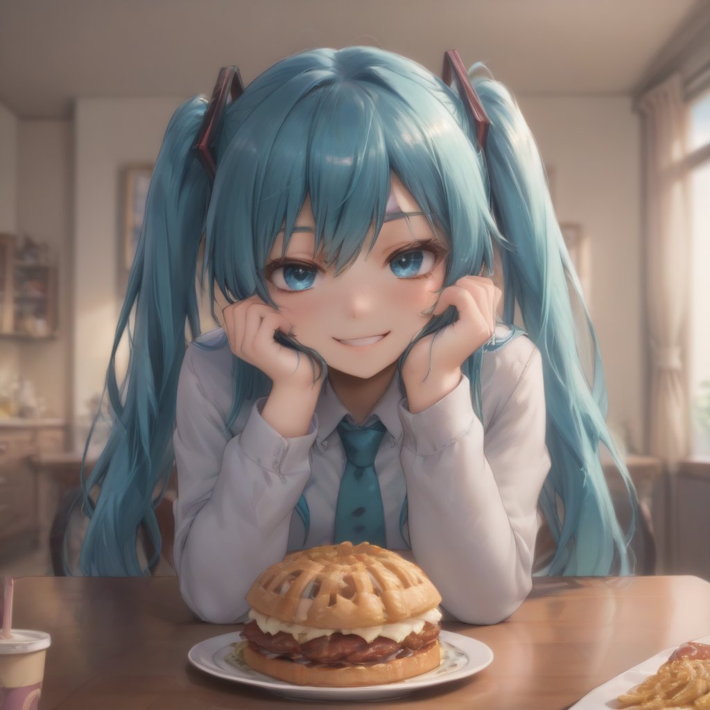 masterpiece,cartoon, hatsune miku, miku hatsune, twintails, blue hair,across table pov,date,date pov, sitting, food, on food on table, hand on cheek, smile