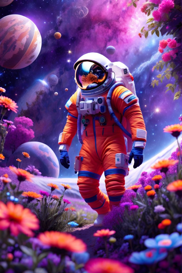 an astronaut in an orange space suit is walking through a field of flowers with planets and stars behind him,outer space