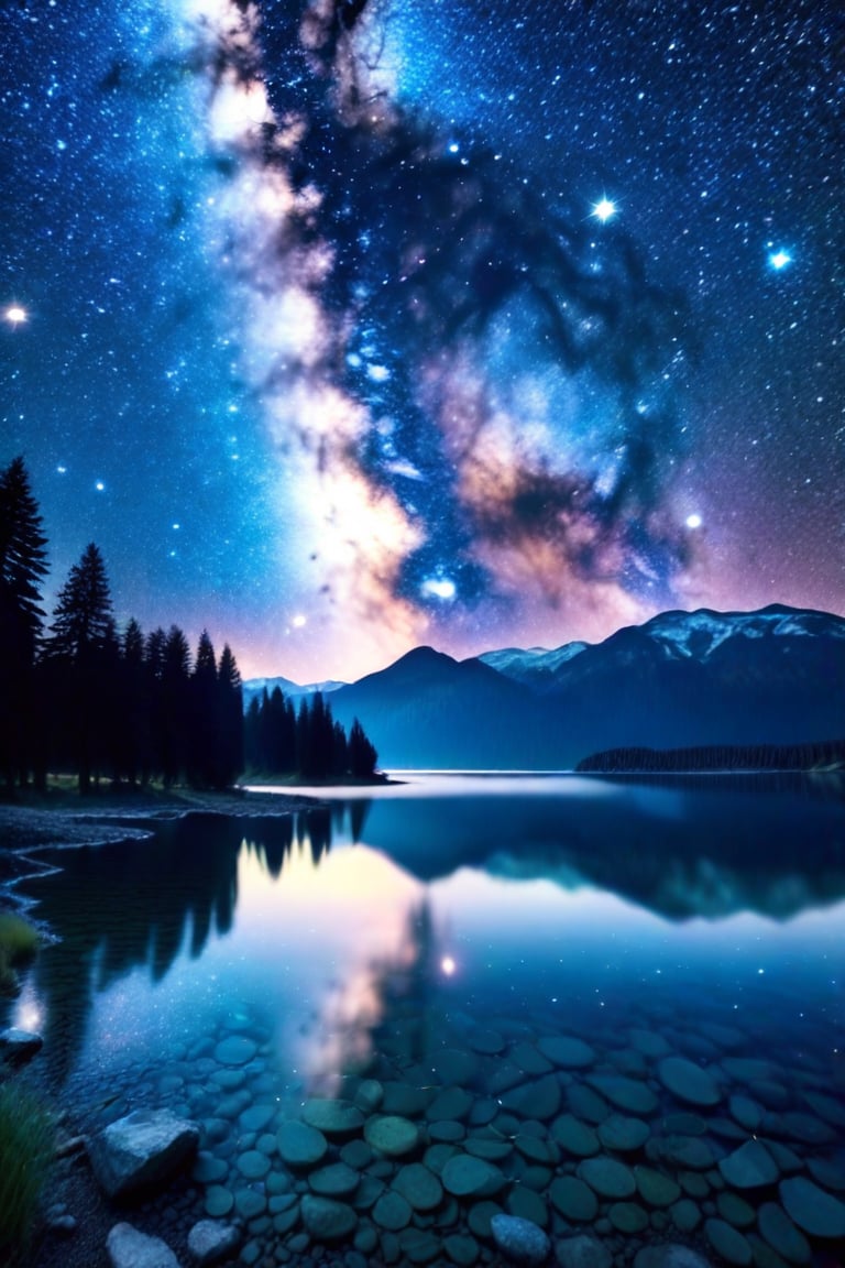 the milky way over a lake and mountains in the night sky, with stars reflecting on the water,outer space