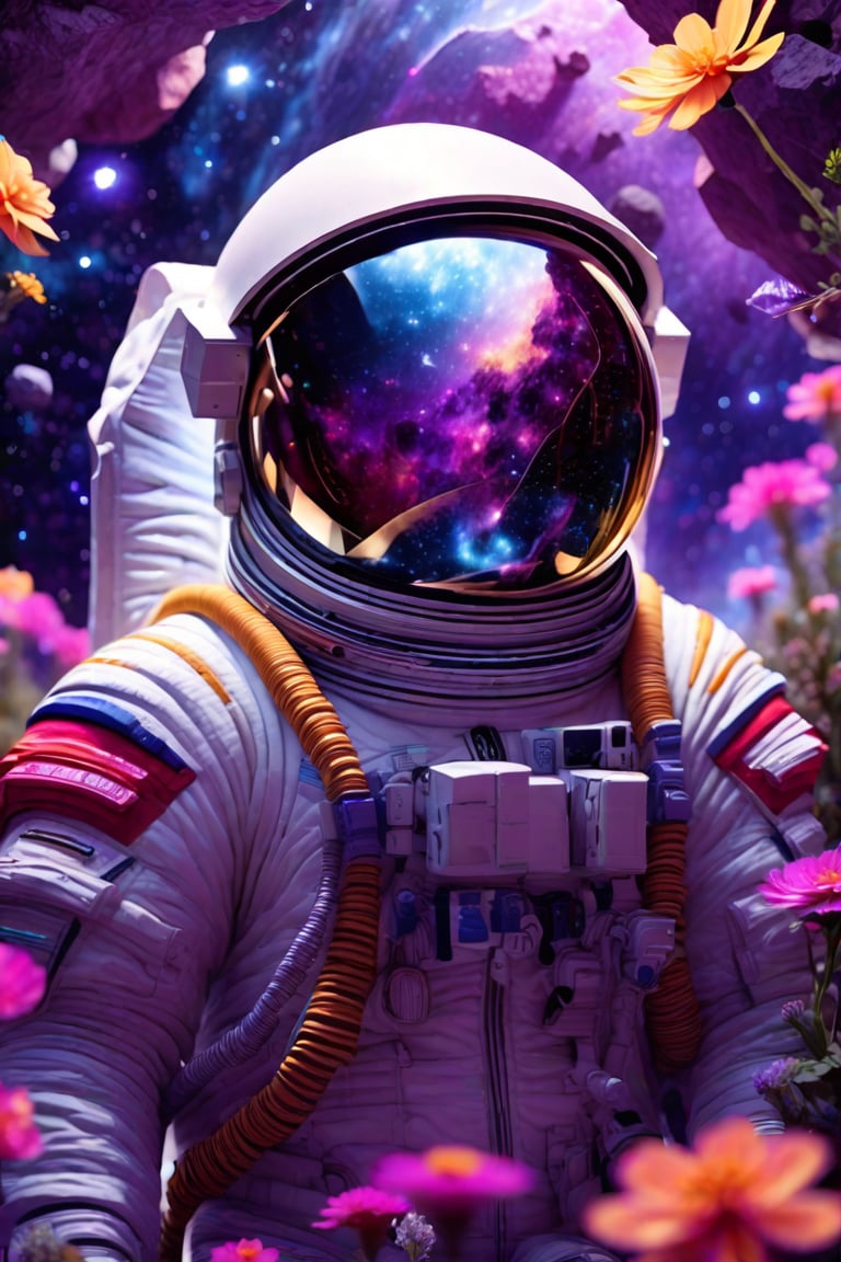 an astronaut is standing in the middle of a field full of flowers and space rocks with his helmet on,outer space