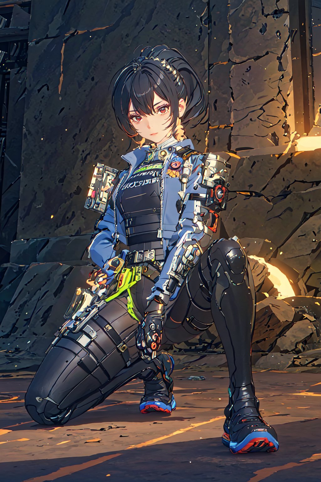 1girl, Policewoman, Zhu Yuan, Red Eyes, Ponytail Black Hair, Red Hair Strip, Hair Accessory , Blue Jacket , White Shirt, Black Rubber suit, Skinsuit, Black Leg , Shoulder Armor ,Blue Shoe, Pistol, Sexy Pose, Expresionless Face , on her knee, battle ready stace, behind the cover, massive sky building in the background , Sunset Time, ((Best quality)), ((masterpiece)), 3D, HDR (High Dynamic Range),Ray Tracing, NVIDIA RTX, Super-Resolution, Unreal 5,Subsurface scattering, PBR Texturing, Post-processing, Anisotropic Filtering, Depth-of-field, Maximum clarity and sharpness, Multi-layered textures, Albedo and Specular maps, Surface shading, Accurate simulation of light-material interaction, Perfect proportions, Octane Render, Two-tone lighting, Wide aperture, Low ISO, White balance, Rule of thirds,8K RAW, Aura, masterpiece, best quality, Mysterious expression, magical effects like sparkles or energy, flowing robes or enchanting attire, mechanic creatures or mystical background, rim lighting, side lighting, cinematic light, ultra high res, 8k uhd, film grain, best shadow, delicate, RAW, light particles, detailed skin texture, detailed cloth texture, beautiful face, (masterpiece), best quality, expressive eyes, perfect face,