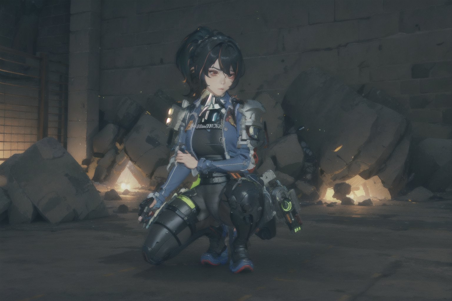 1girl, Policewoman, Zhu Yuan, Red Eyes, Ponytail Black Hair, Red Hair Strip, Hair Accessory , Blue Jacket , White Shirt, Black Rubber suit, Skinsuit, Black Leg , Shoulder Armor ,Blue Shoe, Sexy Pose, Black glove , Good Detail Hand Expresionless Face , on one knee, battle ready stace, behind the cover, lift the gun ,massive sky building in the background , Sunset Time, ((Best quality)), ((masterpiece)), 3D, HDR (High Dynamic Range),Ray Tracing, NVIDIA RTX, Super-Resolution, Unreal 5,Subsurface scattering, PBR Texturing, Post-processing, Anisotropic Filtering, Depth-of-field, Maximum clarity and sharpness, Multi-layered textures, Albedo and Specular maps, Surface shading, Accurate simulation of light-material interaction, Perfect proportions, Octane Render, Two-tone lighting, Wide aperture, Low ISO, White balance, Rule of thirds,8K RAW, Aura, masterpiece, best quality, Mysterious expression, magical effects like sparkles or energy, flowing robes or enchanting attire, mechanic creatures or mystical background, rim lighting, side lighting, cinematic light, ultra high res, 8k uhd, film grain, best shadow, delicate, RAW, light particles, detailed skin texture, detailed cloth texture, beautiful face, (masterpiece), best quality, expressive eyes, perfect face,