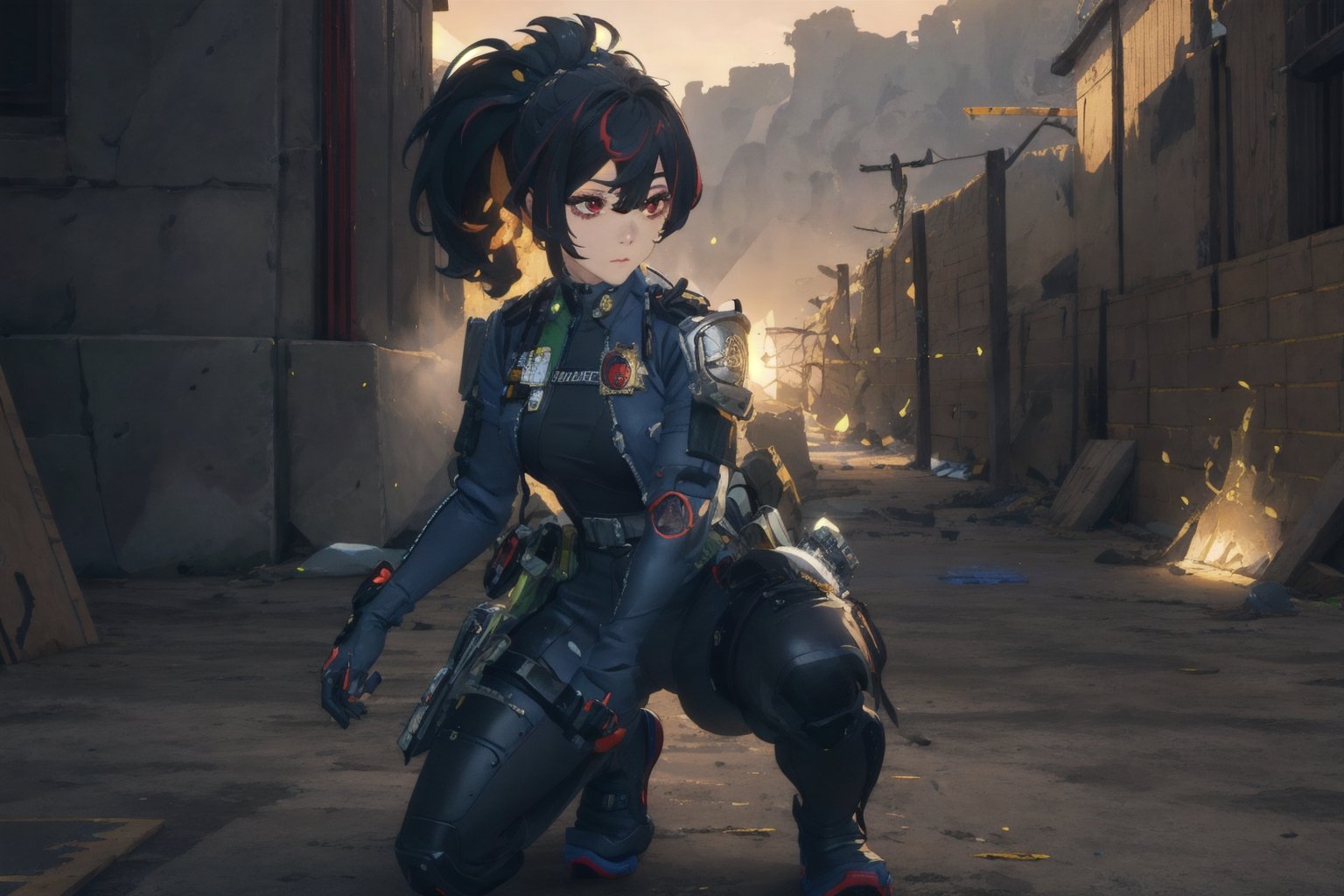 1girl, Policewoman, Zhu Yuan, Red Eyes, Ponytail Black Hair, Red Hair Strip, Hair Accessory , Blue Jacket , White Shirt, Black Rubber suit, Skinsuit, Black Leg , Shoulder Armor ,Blue Shoe, Sexy Pose, Black glove , Good Detail Hand Expresionless Face , on one knee, battle ready stace, behind the cover, lift the gun ,massive sky building in the background , Sunset Time, ((Best quality)), ((masterpiece)), 3D, HDR (High Dynamic Range),Ray Tracing, NVIDIA RTX, Super-Resolution, Unreal 5,Subsurface scattering, PBR Texturing, Post-processing, Anisotropic Filtering, Depth-of-field, Maximum clarity and sharpness, Multi-layered textures, Albedo and Specular maps, Surface shading, Accurate simulation of light-material interaction, Perfect proportions, Octane Render, Two-tone lighting, Wide aperture, Low ISO, White balance, Rule of thirds,8K RAW, Aura, masterpiece, best quality, Mysterious expression, magical effects like sparkles or energy, flowing robes or enchanting attire, mechanic creatures or mystical background, rim lighting, side lighting, cinematic light, ultra high res, 8k uhd, film grain, best shadow, delicate, RAW, light particles, detailed skin texture, detailed cloth texture, beautiful face, (masterpiece), best quality, expressive eyes, perfect face,