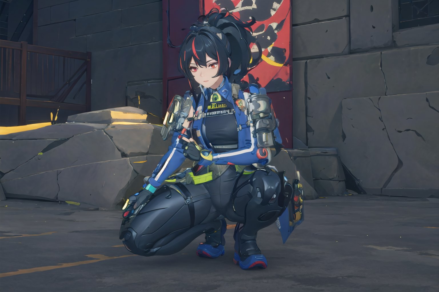 1girl, Policewoman, Zhu Yuan, Red Eyes, Ponytail Black Hair, Red Hair Strip, Hair Accessory , Blue Jacket , White Shirt, Black Rubber suit, Skinsuit, Black Leg , Shoulder Armor ,Blue Shoe, Sexy Pose, Black glove , Good Detail Hand Expresionless Face , on one knee, battle ready stace, behind the cover, lift the gun ,massive sky building in the background , Sunset Time, ((Best quality)), ((masterpiece)), 3D, HDR (High Dynamic Range),Ray Tracing, NVIDIA RTX, Super-Resolution, Unreal 5,Subsurface scattering, PBR Texturing, Post-processing, Anisotropic Filtering, Depth-of-field, Maximum clarity and sharpness, Multi-layered textures, Albedo and Specular maps, Surface shading, Accurate simulation of light-material interaction, Perfect proportions, Octane Render, Two-tone lighting, Wide aperture, Low ISO, White balance, Rule of thirds,8K RAW, Aura, masterpiece, best quality, Mysterious expression, magical effects like sparkles or energy, flowing robes or enchanting attire, mechanic creatures or mystical background, rim lighting, side lighting, cinematic light, ultra high res, 8k uhd, film grain, best shadow, delicate, RAW, light particles, detailed skin texture, detailed cloth texture, beautiful face, (masterpiece), best quality, expressive eyes, perfect face,