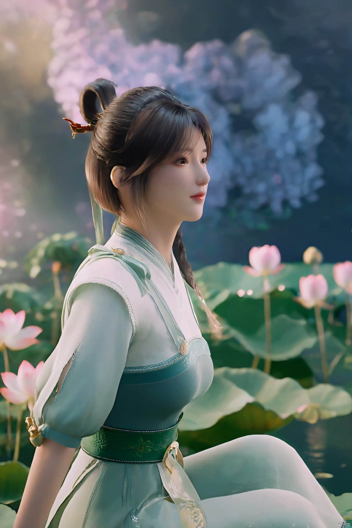 masterpiece,best quality,official art,extremely detailed CG unity 8k wallpaper,realistic,light rays,light particles,1girl,high ponytail,looking_at_viewer,thigh,cowboy_shot,sitting,Xzhouxiaohuan,(big breasts:1.59),,(A pond full of lotus flowers:1.5),Xjitanyin