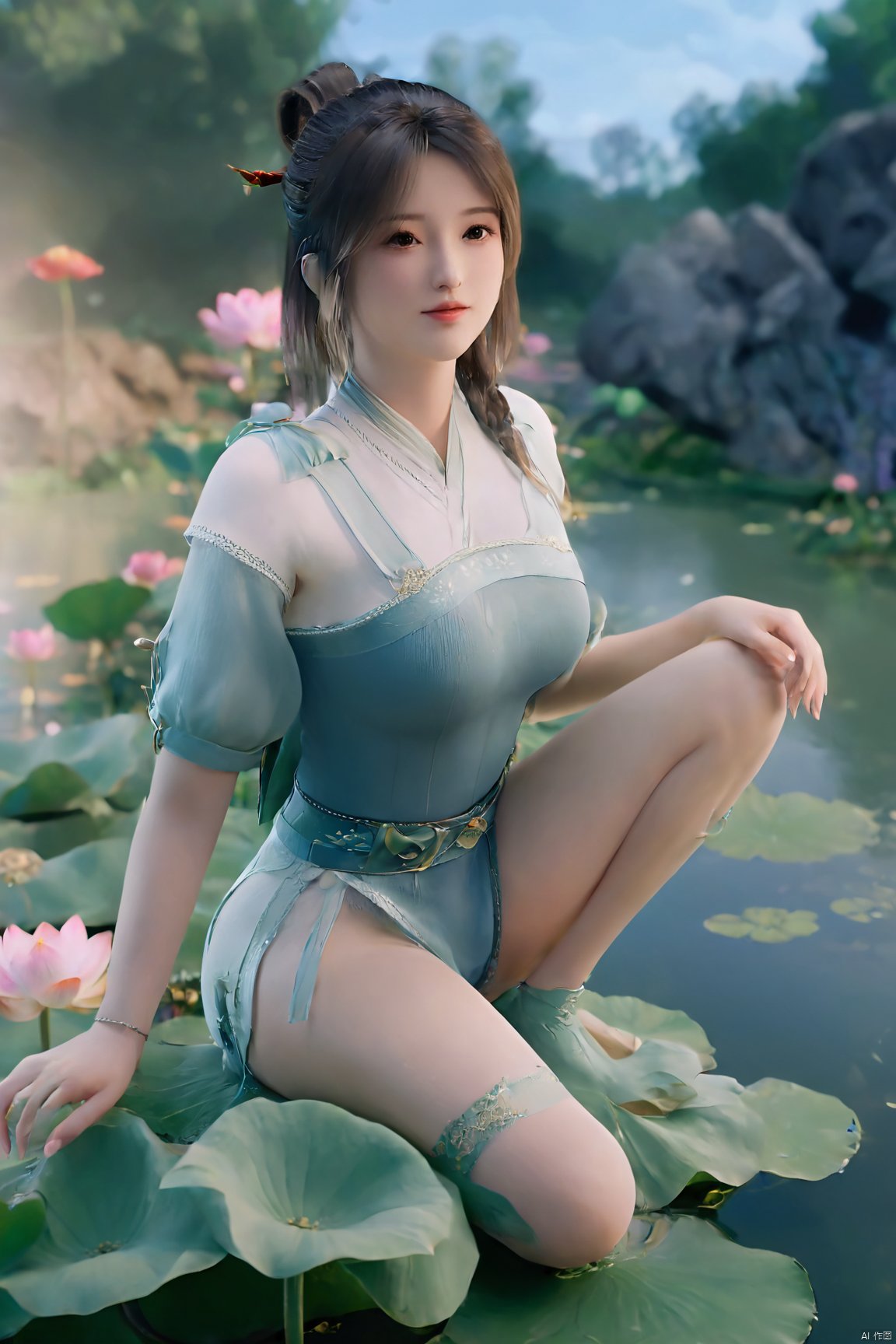 masterpiece,best quality,official art,extremely detailed CG unity 8k wallpaper,realistic,light rays,light particles,1girl,high ponytail,looking_at_viewer,thigh,cowboy_shot,sitting,Xzhouxiaohuan,(big breasts:1.59),,(A pond full of lotus flowers:1.5),Xjitanyin