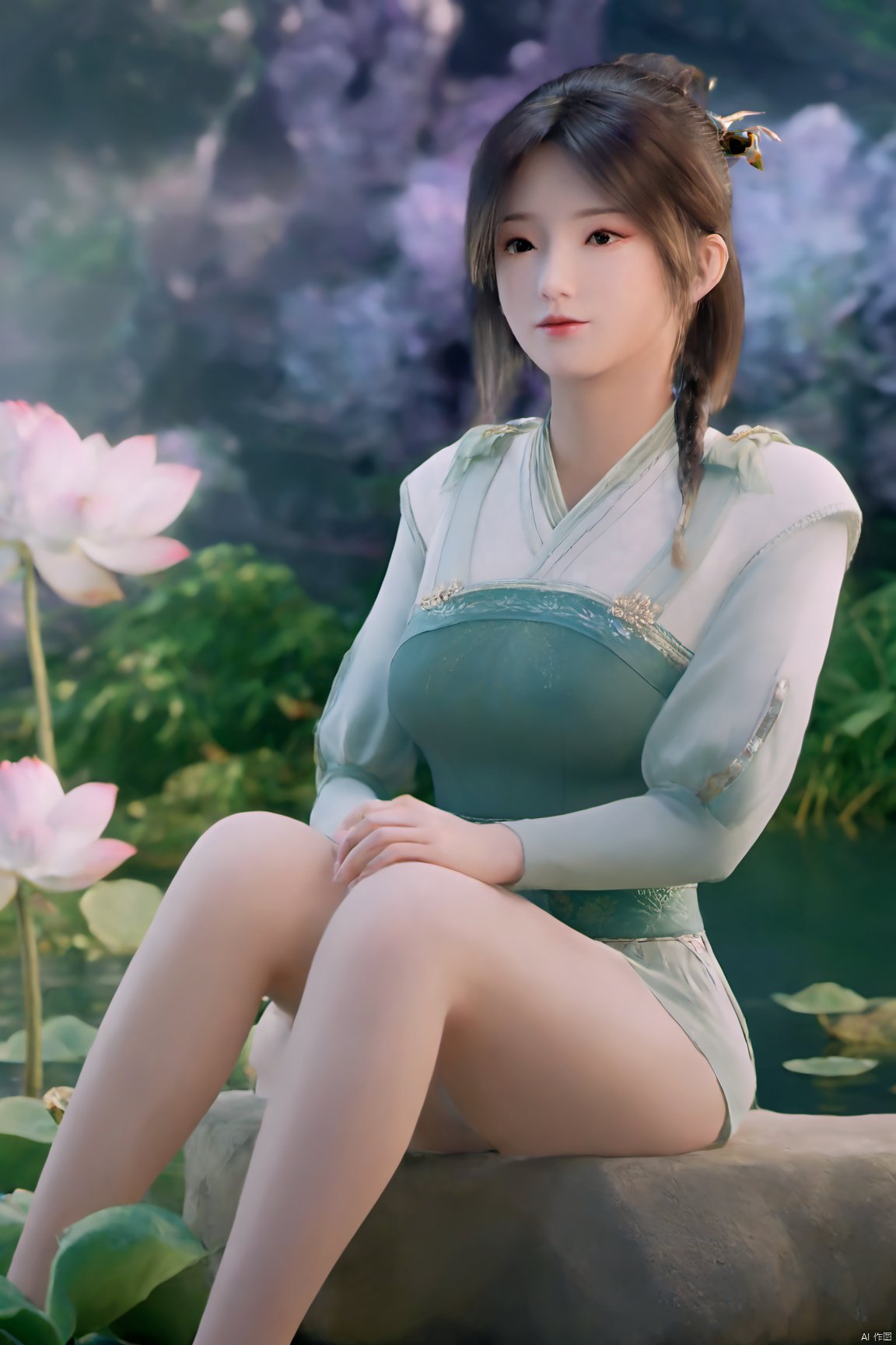 masterpiece,best quality,official art,extremely detailed CG unity 8k wallpaper,realistic,light rays,light particles,1girl,high ponytail,looking_at_viewer,thigh,cowboy_shot,sitting,Xzhouxiaohuan,(big breasts:1.59),,(A pond full of lotus flowers:1.5),Xjitanyin