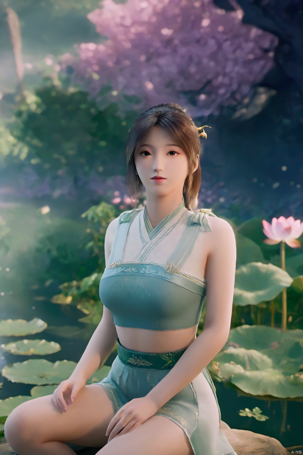 masterpiece,best quality,official art,extremely detailed CG unity 8k wallpaper,realistic,light rays,light particles,1girl,high ponytail,looking_at_viewer,thigh,cowboy_shot,sitting,Xzhouxiaohuan,(big breasts:1.59),,(A pond full of lotus flowers:1.5),Xjitanyin