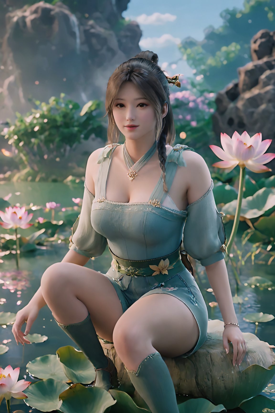 masterpiece,best quality,official art,extremely detailed CG unity 8k wallpaper,realistic,light rays,light particles,1girl,high ponytail,looking_at_viewer,thigh,cowboy_shot,sitting,Xzhouxiaohuan,(big breasts:1.59),,(A pond full of lotus flowers:1.5),Xjitanyin