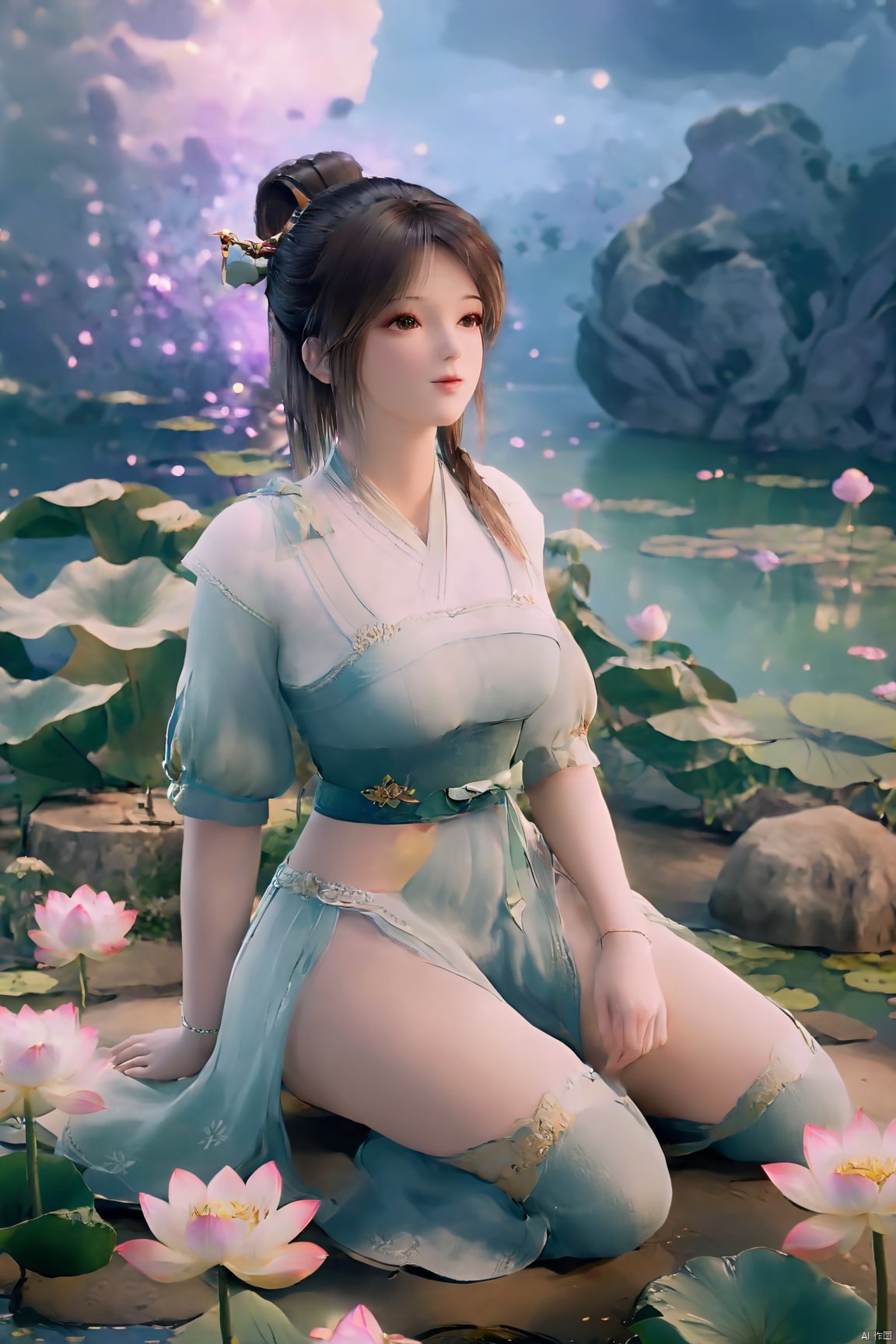 masterpiece,best quality,official art,extremely detailed CG unity 8k wallpaper,realistic,light rays,light particles,1girl,high ponytail,looking_at_viewer,thigh,cowboy_shot,sitting,Xzhouxiaohuan,(big breasts:1.59),,(A pond full of lotus flowers:1.5),Xjitanyin