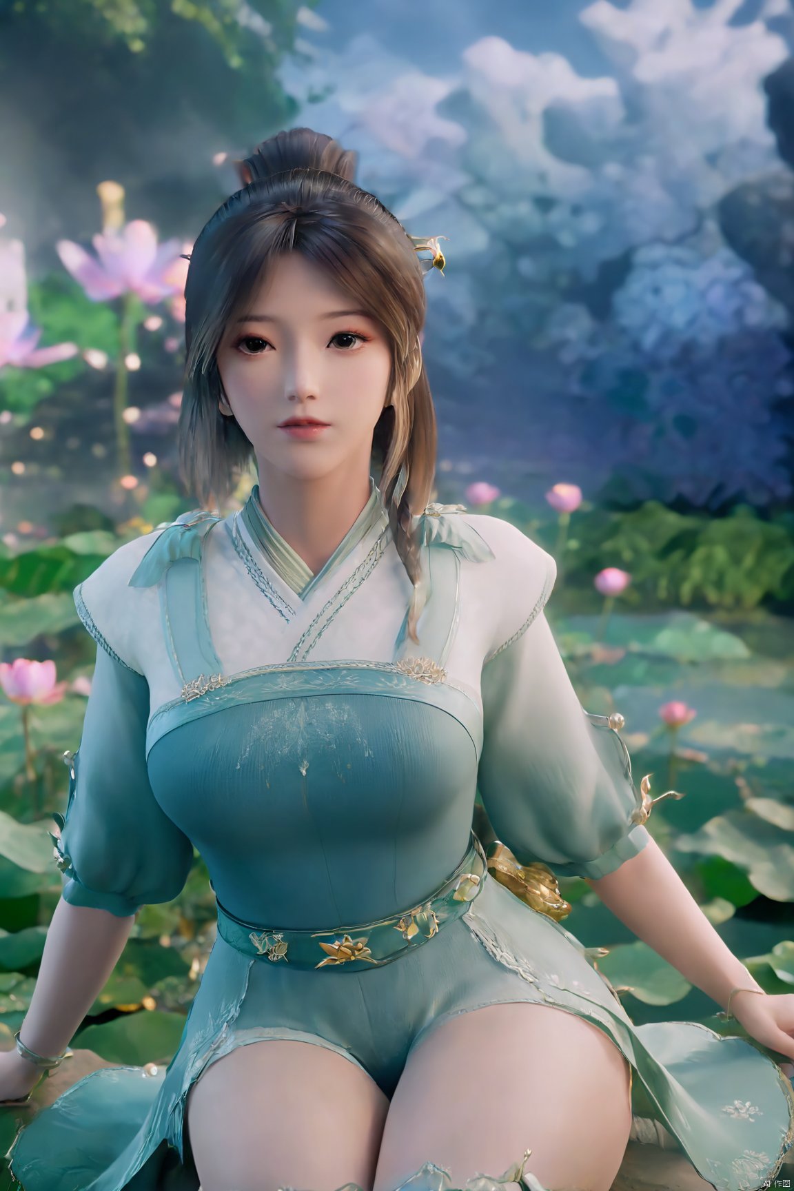 masterpiece,best quality,official art,extremely detailed CG unity 8k wallpaper,realistic,light rays,light particles,1girl,high ponytail,looking_at_viewer,thigh,cowboy_shot,sitting,Xzhouxiaohuan,(big breasts:1.59),,(A pond full of lotus flowers:1.5),Xjitanyin