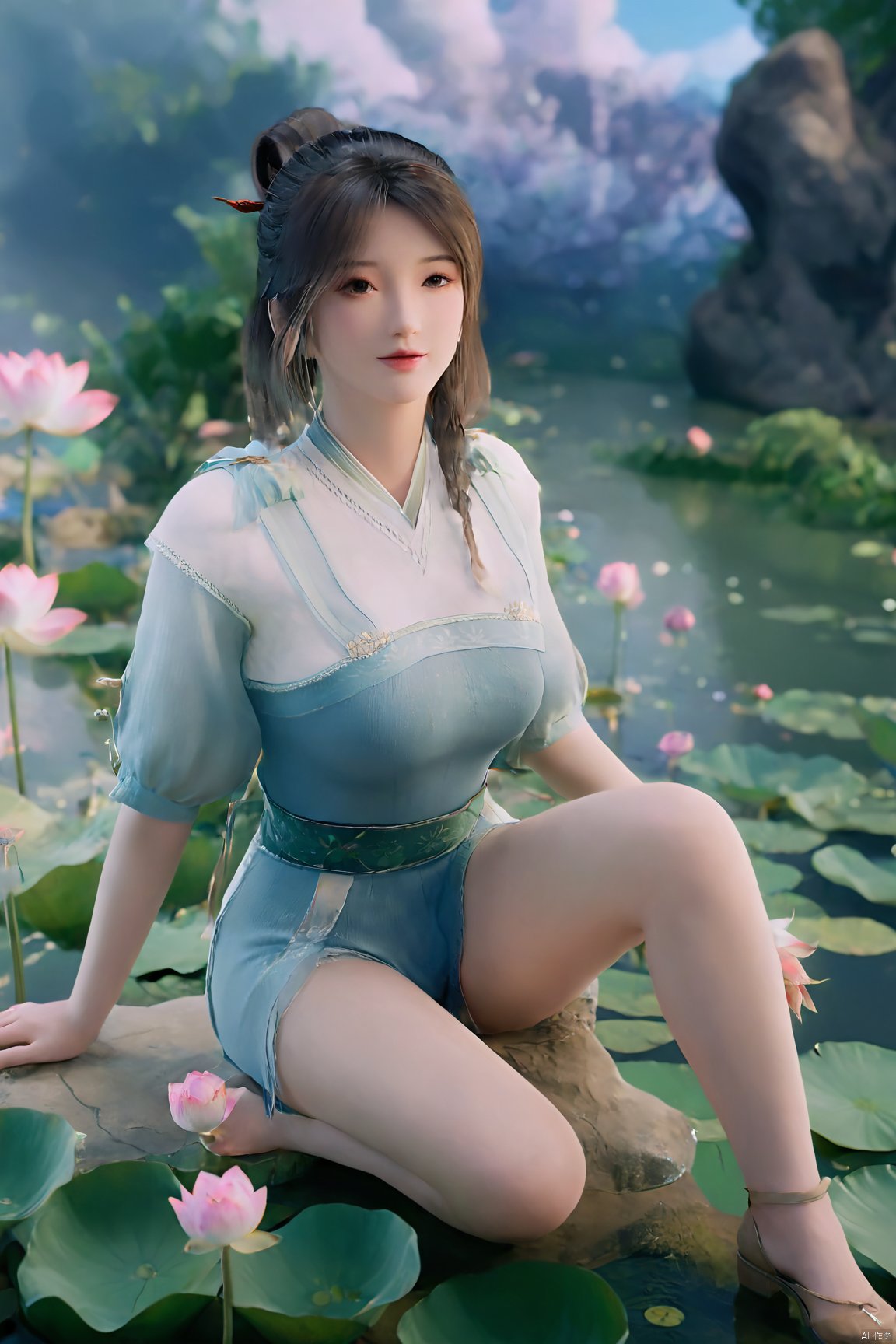 masterpiece,best quality,official art,extremely detailed CG unity 8k wallpaper,realistic,light rays,light particles,1girl,high ponytail,looking_at_viewer,thigh,cowboy_shot,sitting,Xzhouxiaohuan,(big breasts:1.59),,(A pond full of lotus flowers:1.5),Xjitanyin